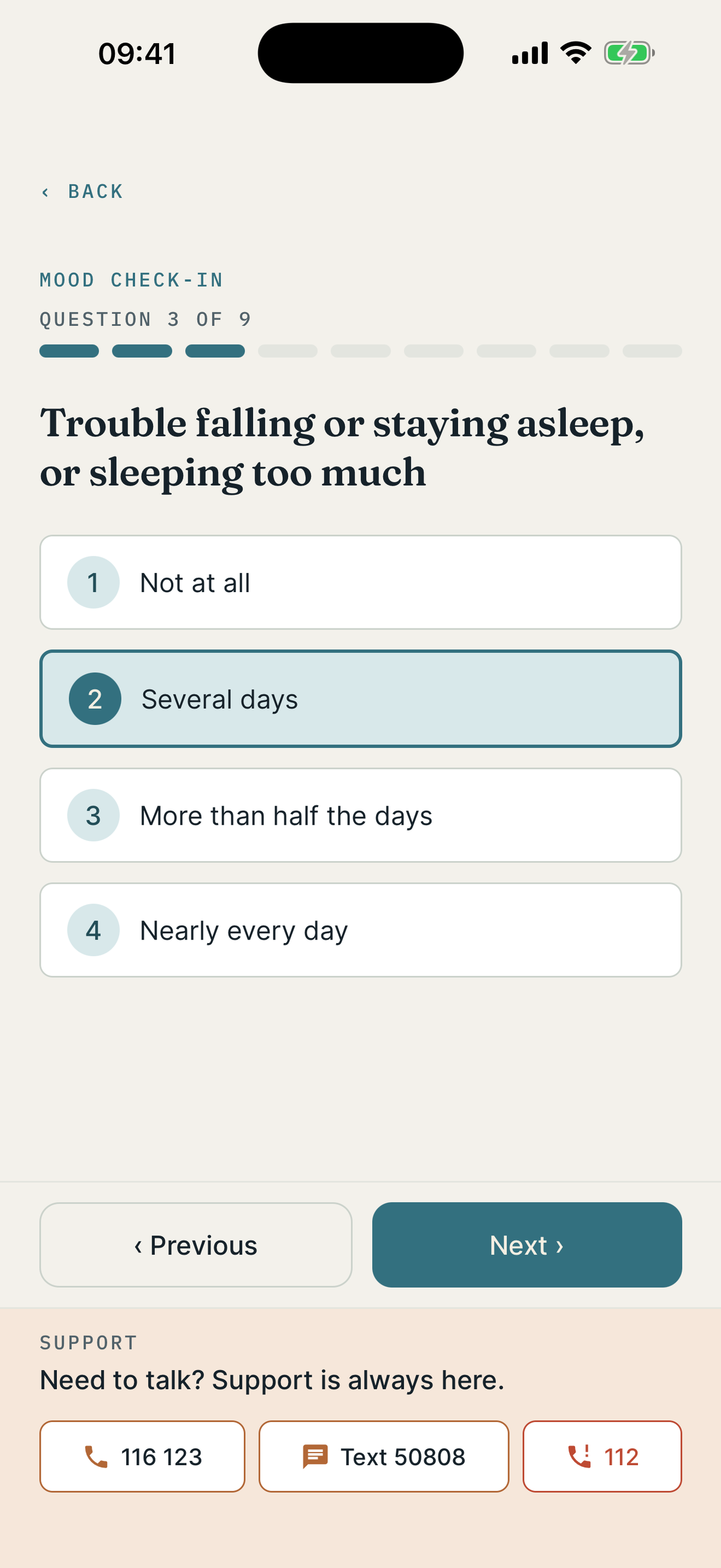 A questionnaire question in the Myndgard app with four answer options