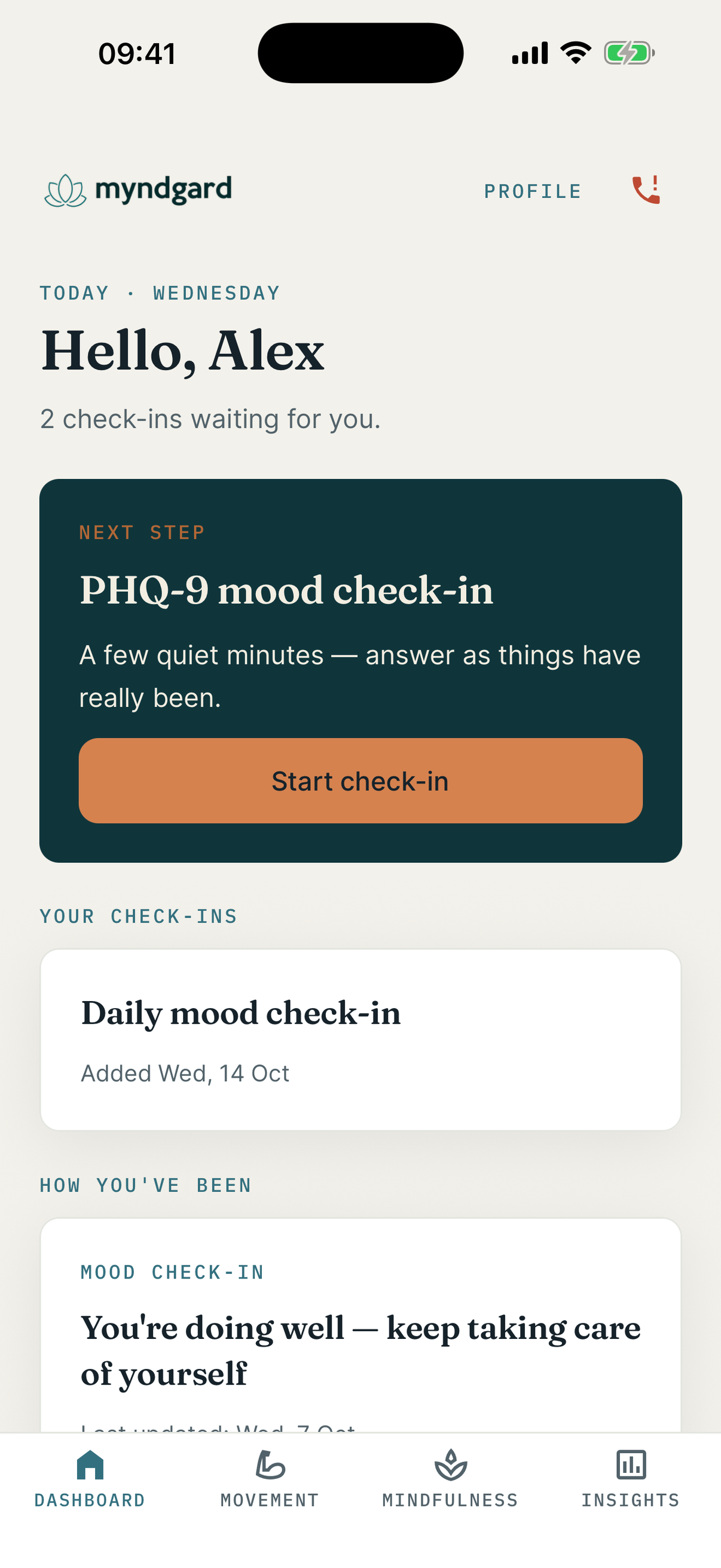 The Myndgard app home screen used with Myndgard Share, showing today's check-in and questionnaire scores