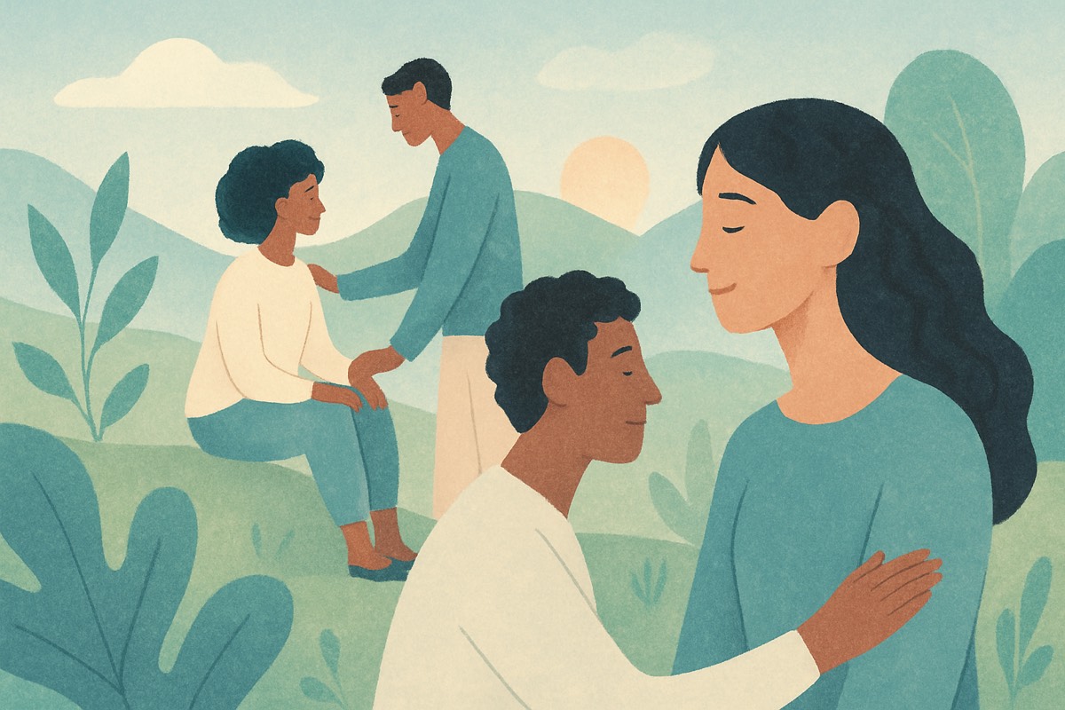 An illustration of people supporting one another